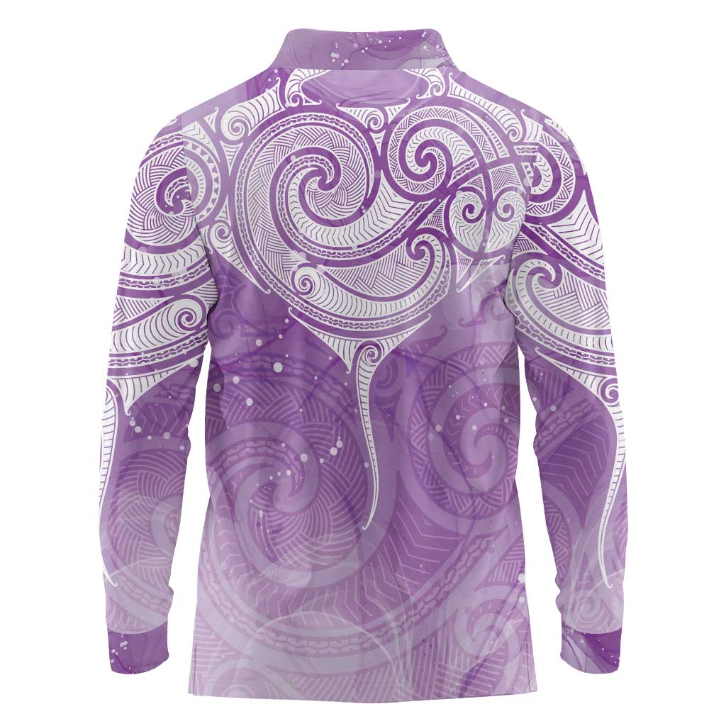 Epilepsy Awareness Maori Aotearoa Long Sleeve Polo Shirt Manta Ray - Purple Glaze - Polynesian Pride