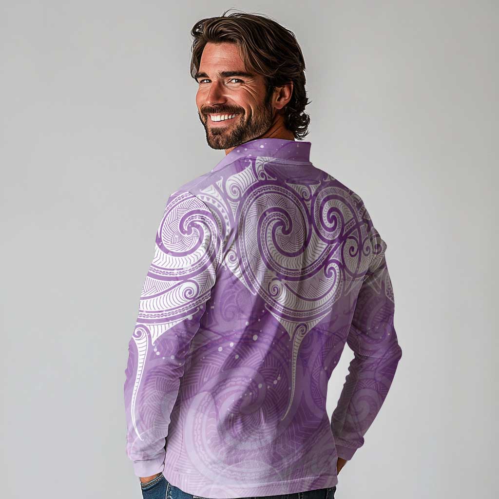 Epilepsy Awareness Maori Aotearoa Long Sleeve Polo Shirt Manta Ray - Purple Glaze - Polynesian Pride