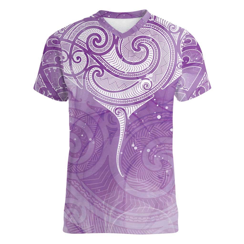 Epilepsy Awareness Maori Aotearoa Women V-Neck T-Shirt Manta Ray - Purple Glaze - Polynesian Pride