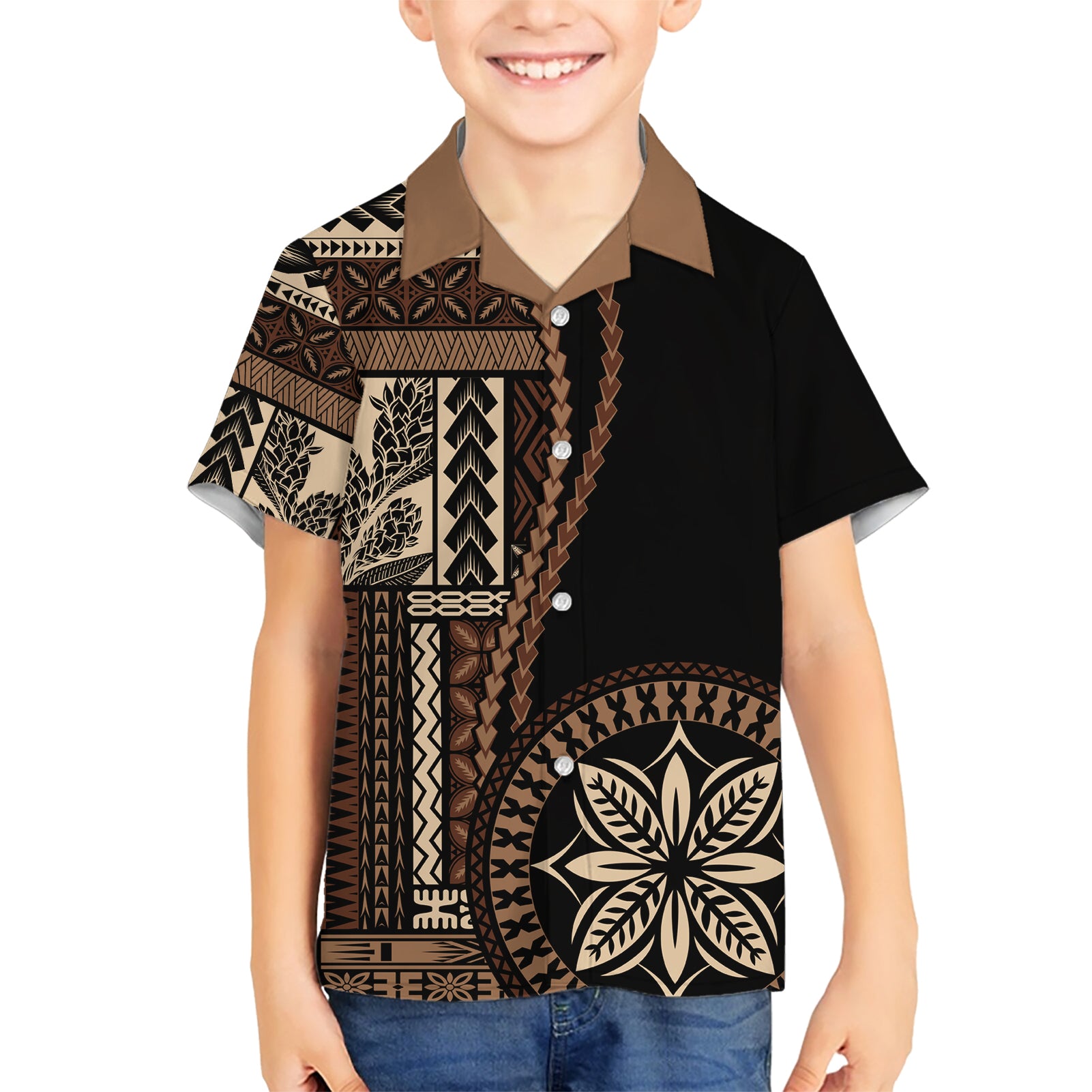 Samoa Siapo Motif Kid Hawaiian Shirt Classic Style - Black Ver02 LT7 Kid Black - Polynesian Pride