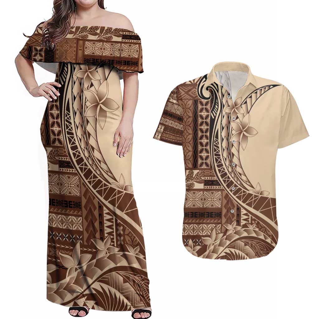 Samoa Siapo Mamanu Couples Matching Off Shoulder Maxi Dress and Hawaiian Shirt Plumeria Mocha Motifs