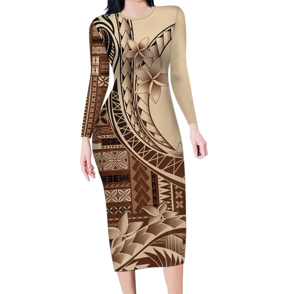 Samoa Siapo Mamanu Family Matching Long Sleeve Bodycon Dress and Hawaiian Shirt Plumeria Mocha Motifs