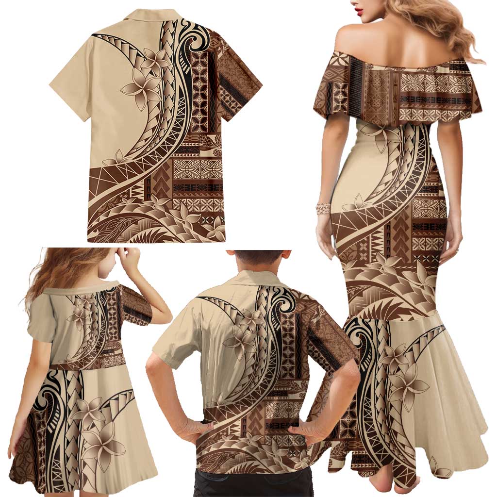 Samoa Siapo Mamanu Family Matching Mermaid Dress and Hawaiian Shirt Plumeria Mocha Motifs