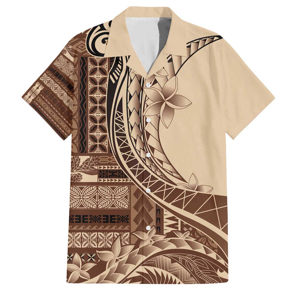 Samoa Siapo Mamanu Family Matching Off The Shoulder Long Sleeve Dress and Hawaiian Shirt Plumeria Mocha Motifs