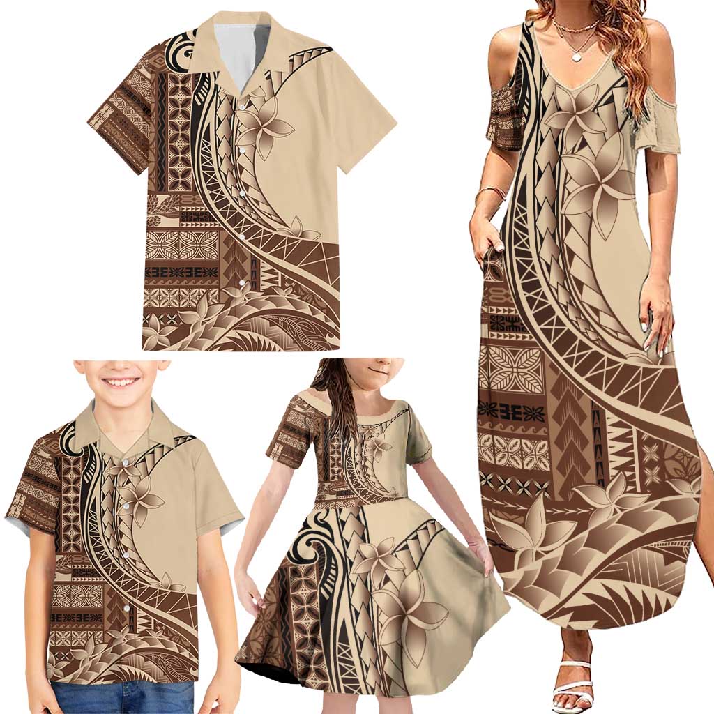 Samoa Siapo Mamanu Family Matching Summer Maxi Dress and Hawaiian Shirt Plumeria Mocha Motifs