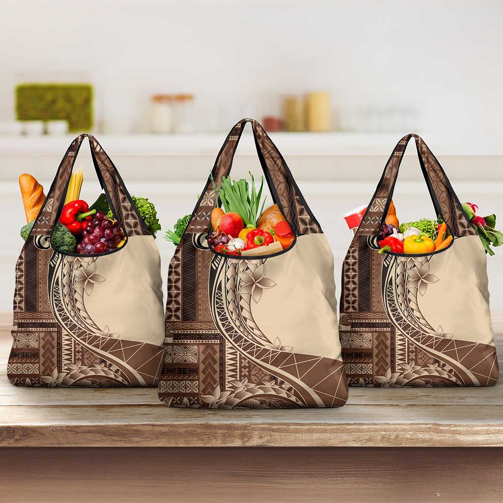 Samoa Siapo Mamanu Grocery Bag Plumeria Mocha Motifs