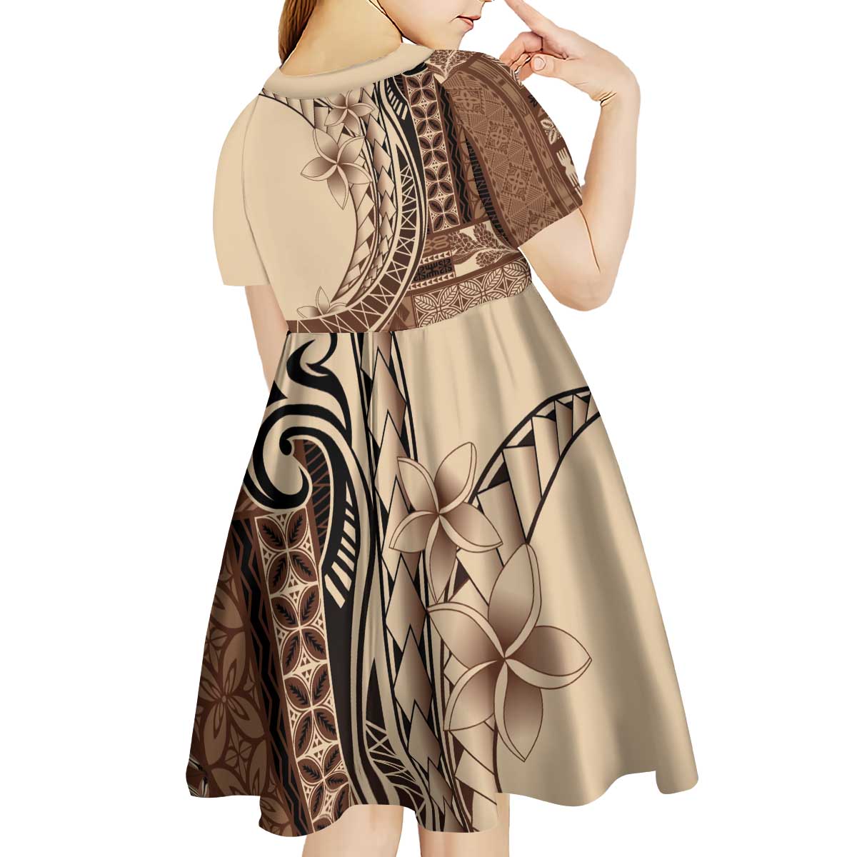 Samoa Siapo Mamanu Kid Short Sleeve Dress Plumeria Mocha Motifs