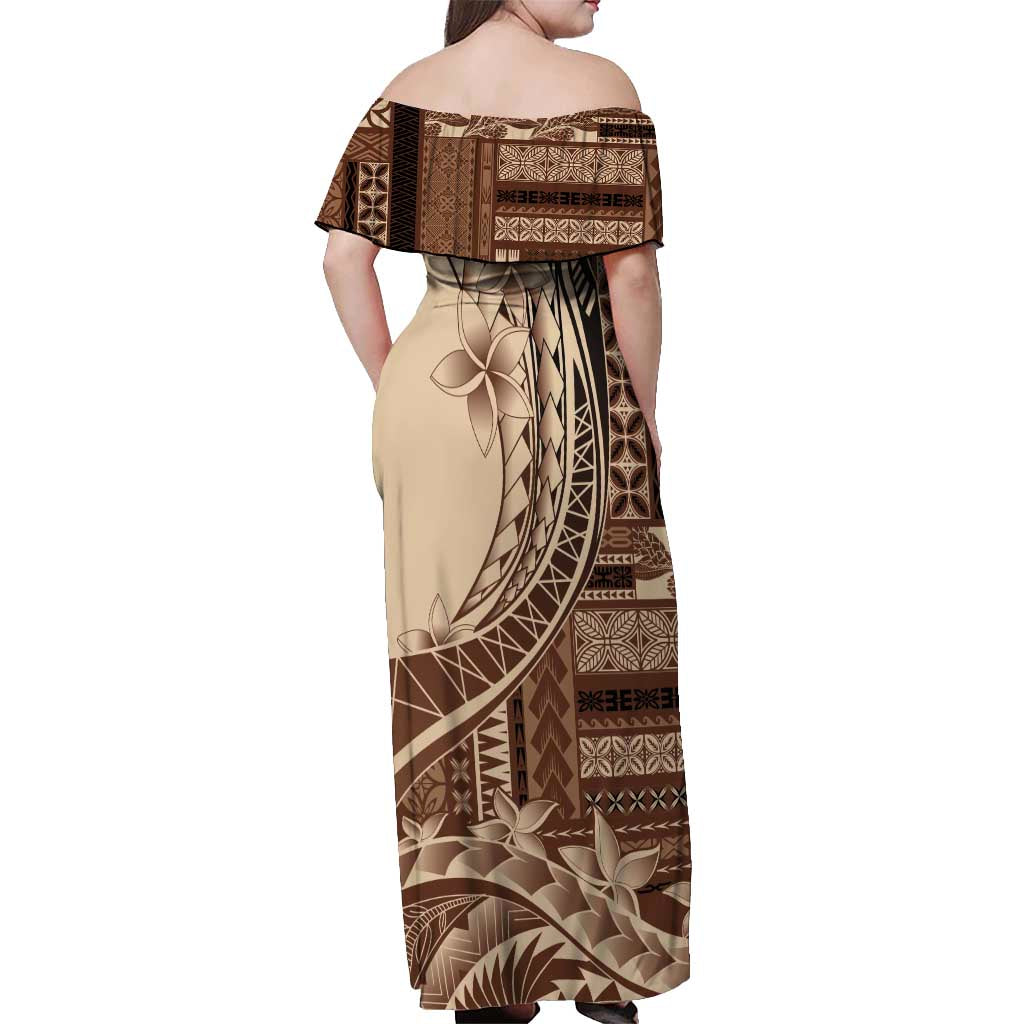 Samoa Siapo Mamanu Off Shoulder Maxi Dress Plumeria Mocha Motifs