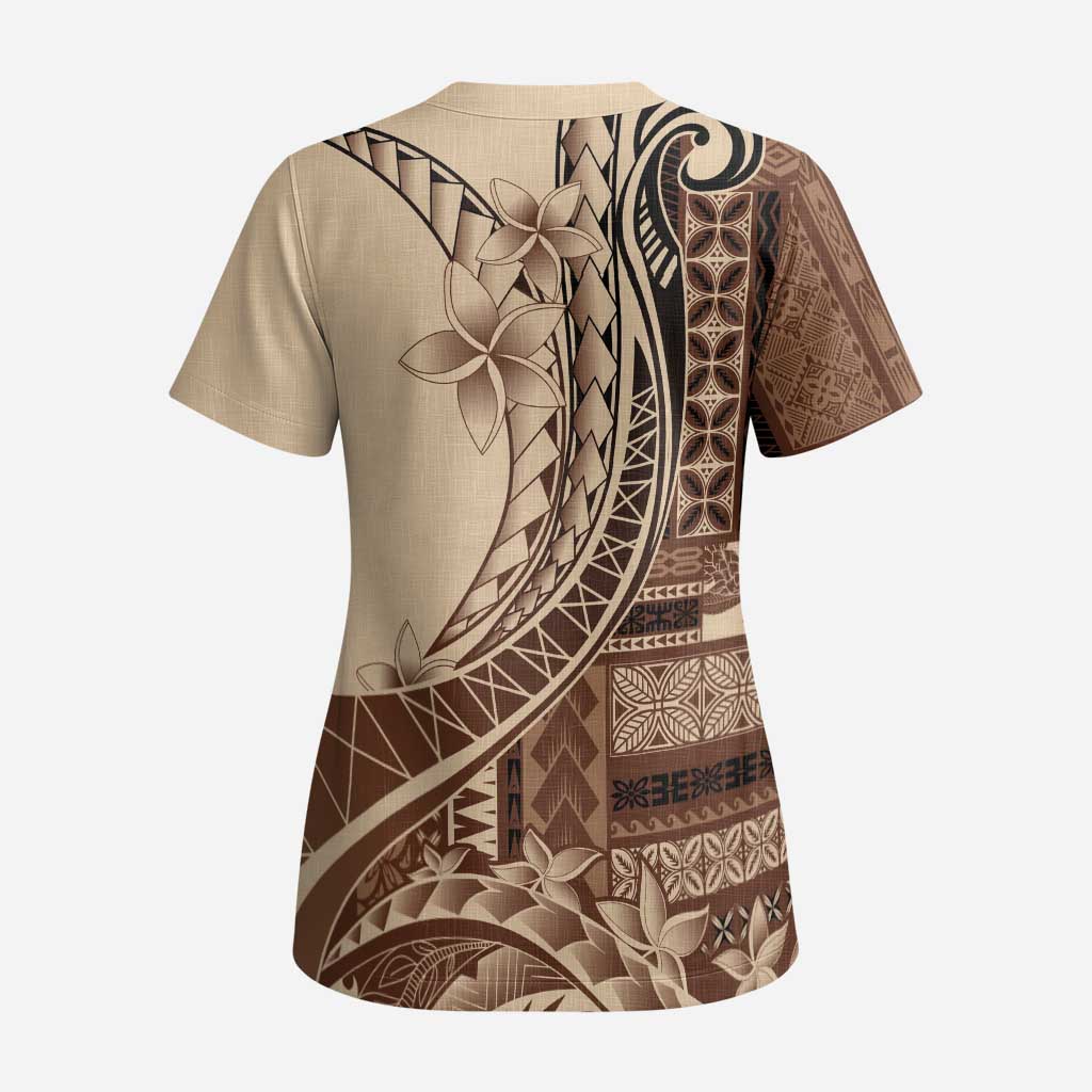Samoa Siapo Mamanu Scrub Top Plumeria Mocha Motifs - Polynesian Pride