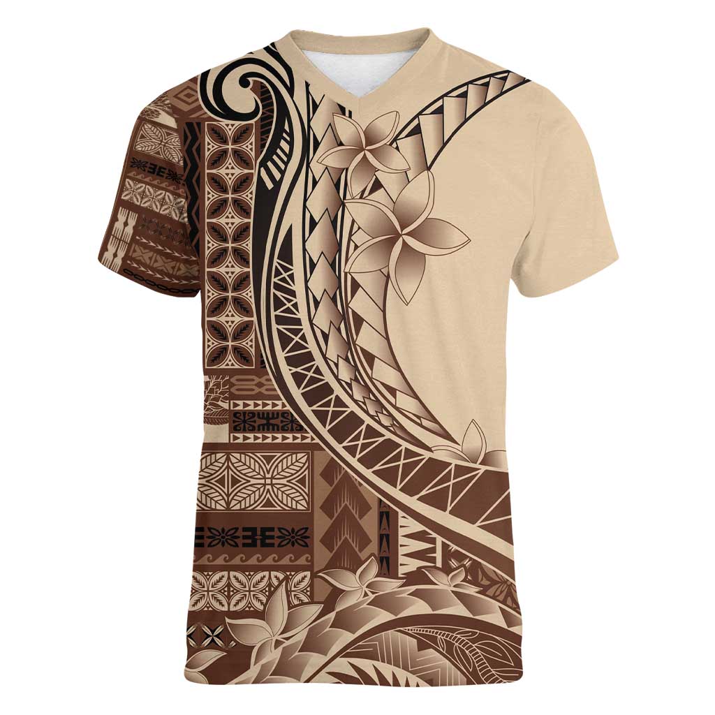 Samoa Siapo Mamanu Women V-Neck T-Shirt Plumeria Mocha Motifs LT7 Female Mocha - Polynesian Pride