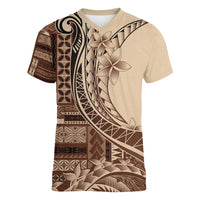 Samoa Siapo Mamanu Women V-Neck T-Shirt Plumeria Mocha Motifs LT7 Female Mocha - Polynesian Pride
