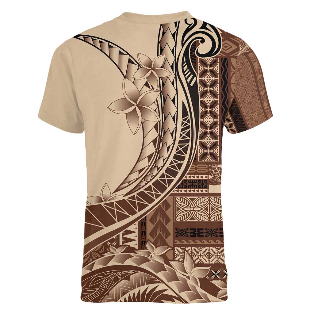 Samoa Siapo Mamanu Women V-Neck T-Shirt Plumeria Mocha Motifs LT7 - Polynesian Pride