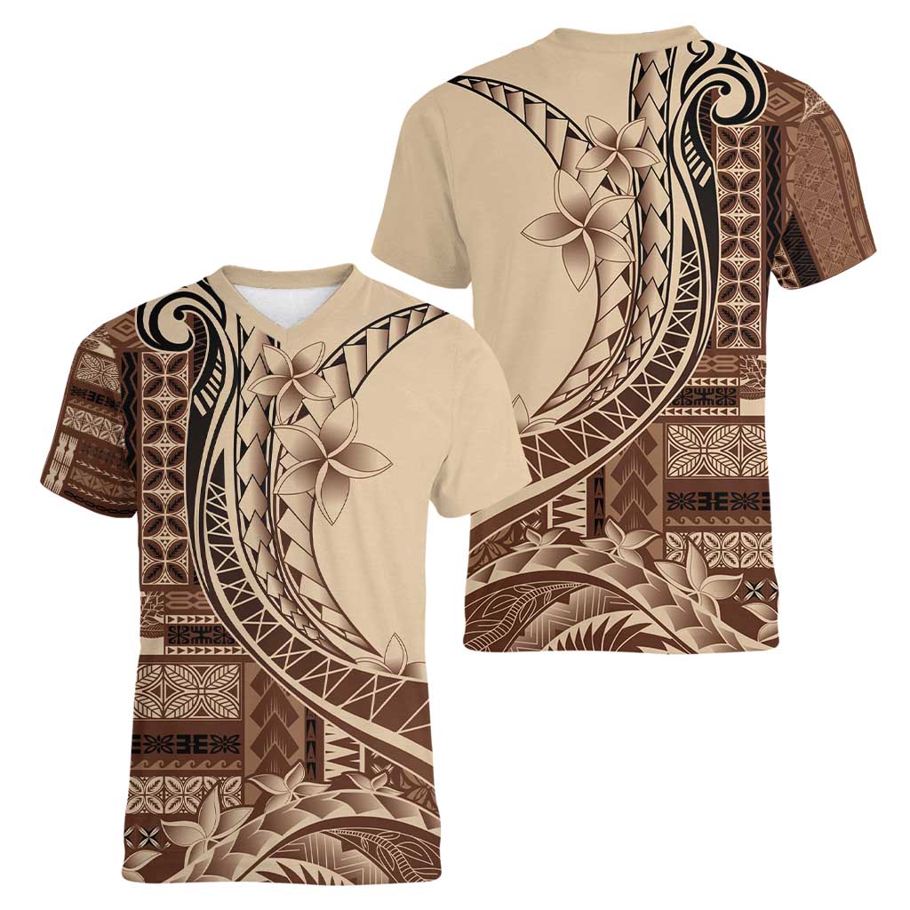 Samoa Siapo Mamanu Women V-Neck T-Shirt Plumeria Mocha Motifs LT7 - Polynesian Pride