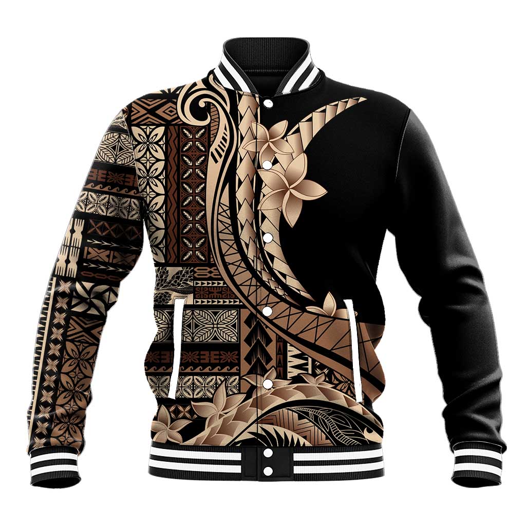 Samoa Siapo Mamanu Baseball Jacket Plumeria Black Motifs LT7 Unisex Black - Polynesian Pride