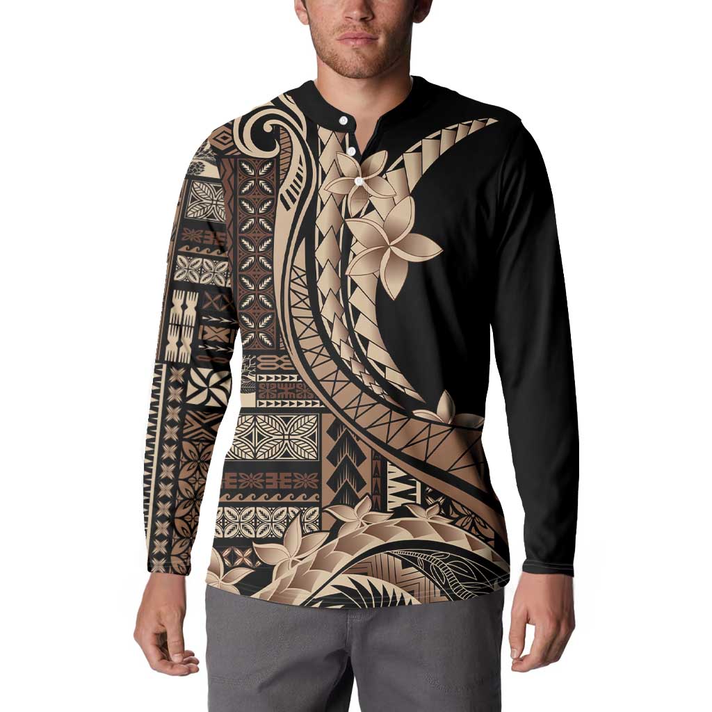 Samoa Siapo Mamanu Button Sweatshirt Plumeria Black Motifs LT7 - Polynesian Pride