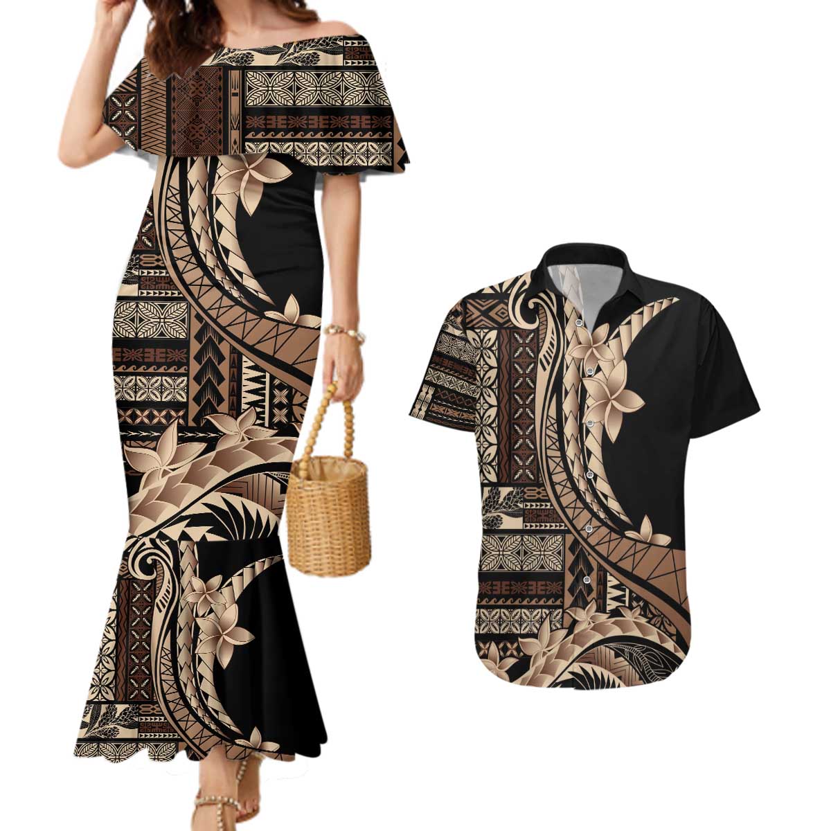 Samoa Siapo Mamanu Couples Matching Mermaid Dress and Hawaiian Shirt Plumeria Black Motifs