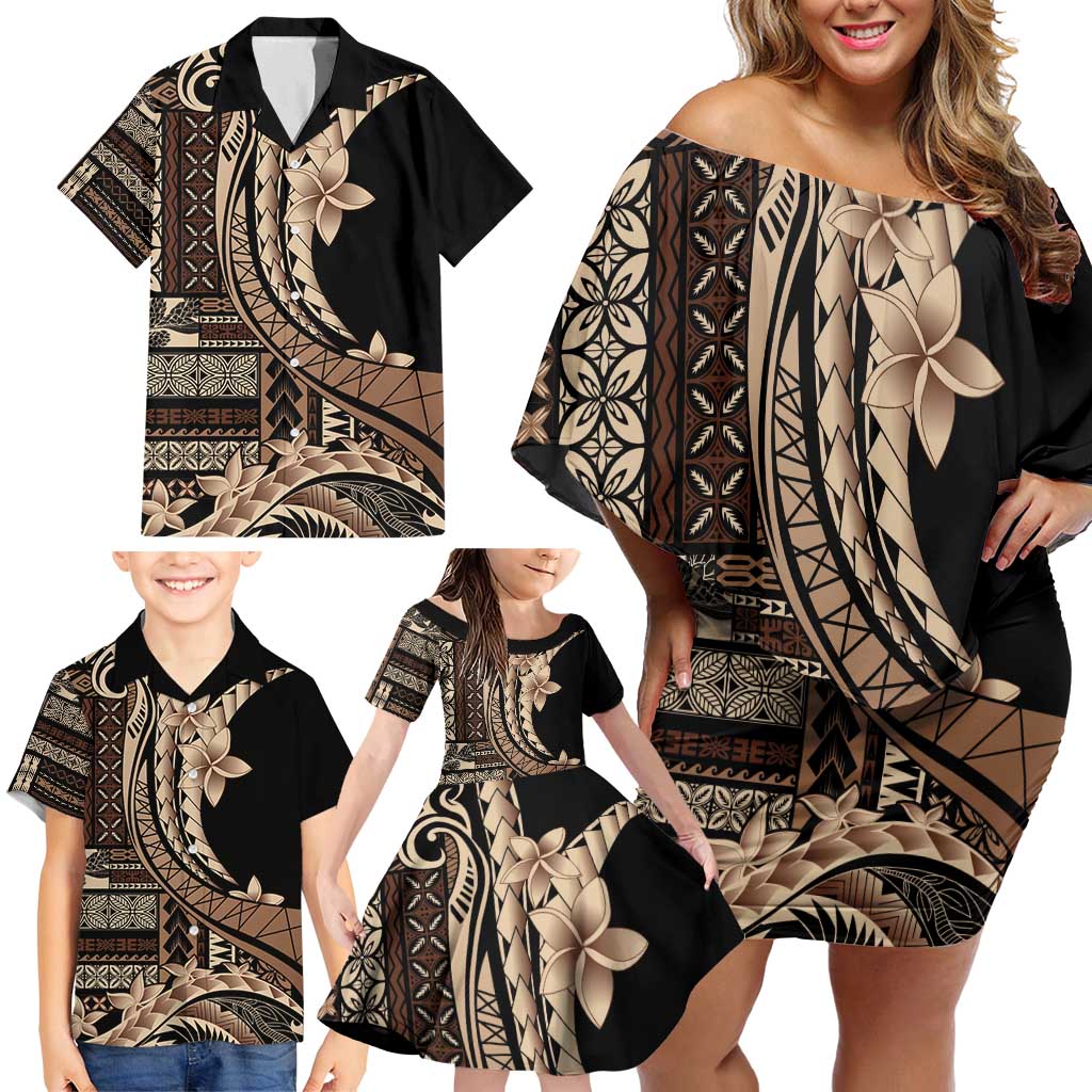 Samoa Siapo Mamanu Family Matching Off Shoulder Short Dress and Hawaiian Shirt Plumeria Black Motifs