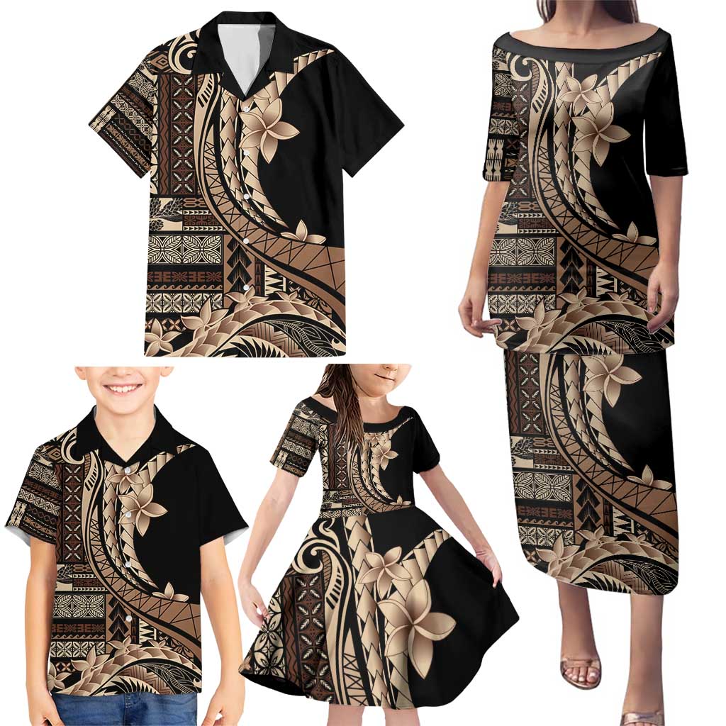 Samoa Siapo Mamanu Family Matching Puletasi and Hawaiian Shirt Plumeria Black Motifs