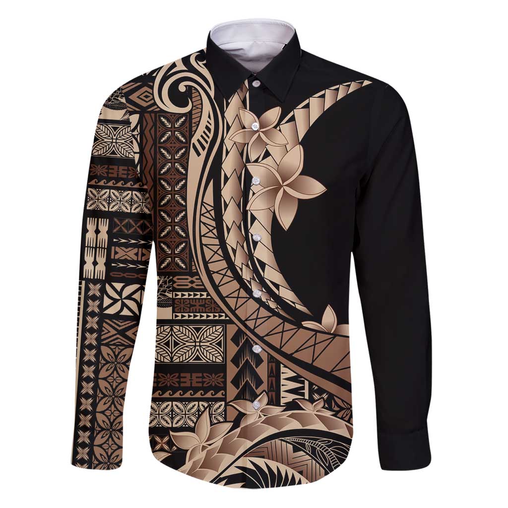 Samoa Siapo Mamanu Family Matching Puletasi and Hawaiian Shirt Plumeria Black Motifs