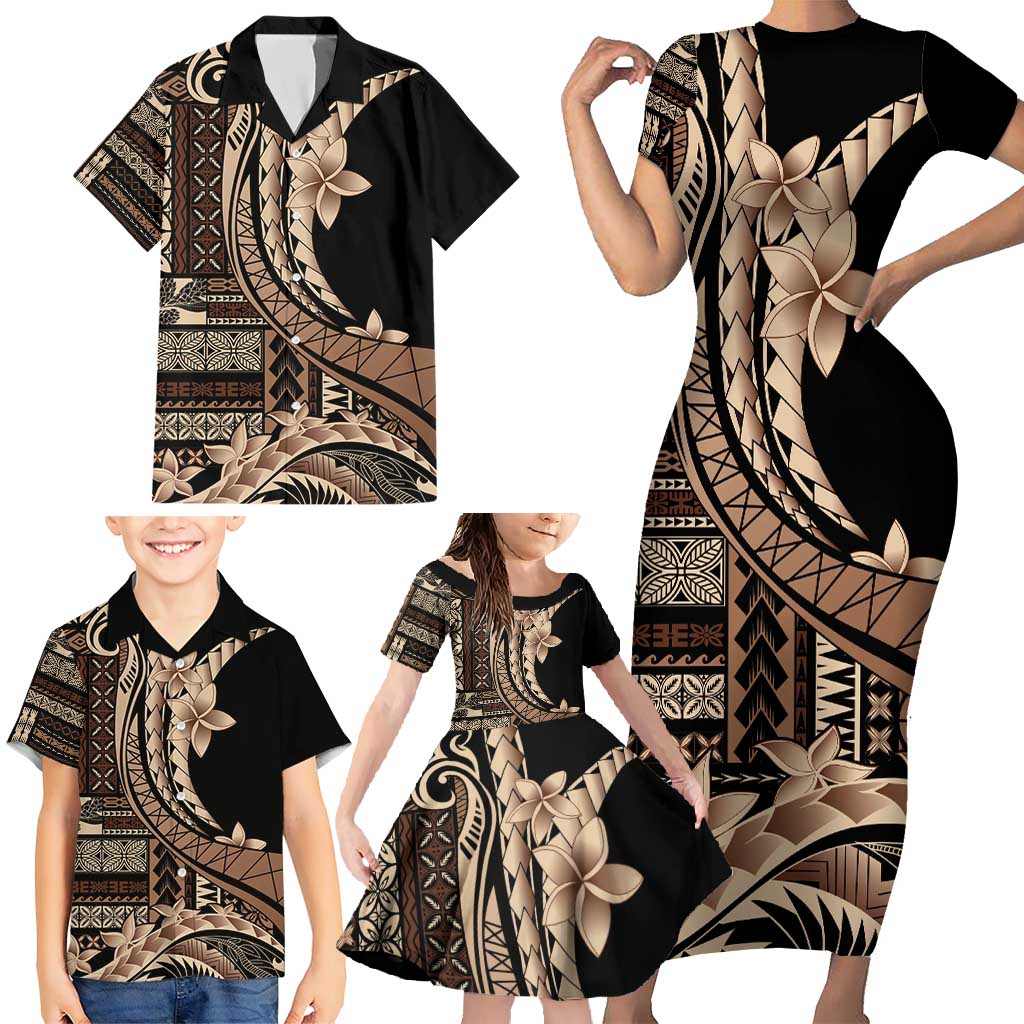 Samoa Siapo Mamanu Family Matching Short Sleeve Bodycon Dress and Hawaiian Shirt Plumeria Black Motifs