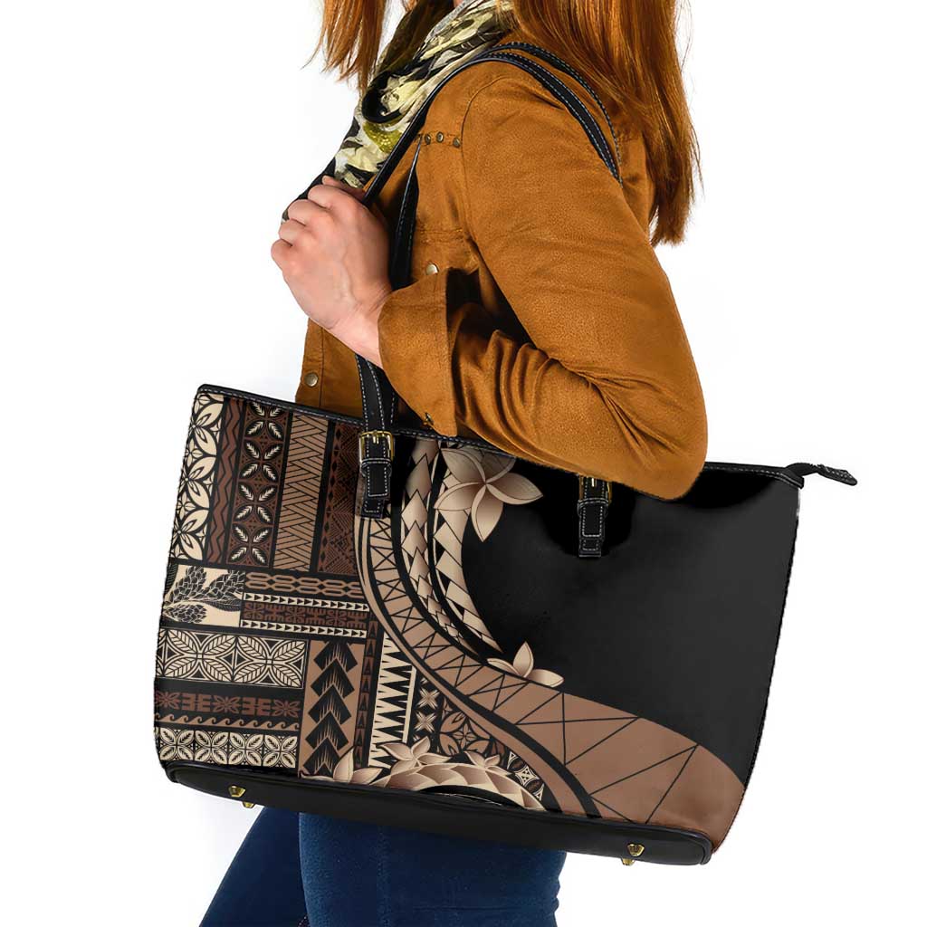 Samoa Siapo Mamanu Leather Tote Bag Plumeria Black Motifs LT7 Black - Polynesian Pride
