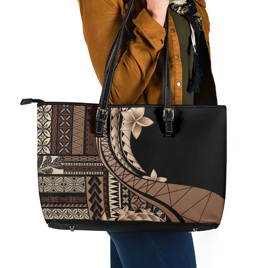 Samoa Siapo Mamanu Leather Tote Bag Plumeria Black Motifs LT7 - Polynesian Pride