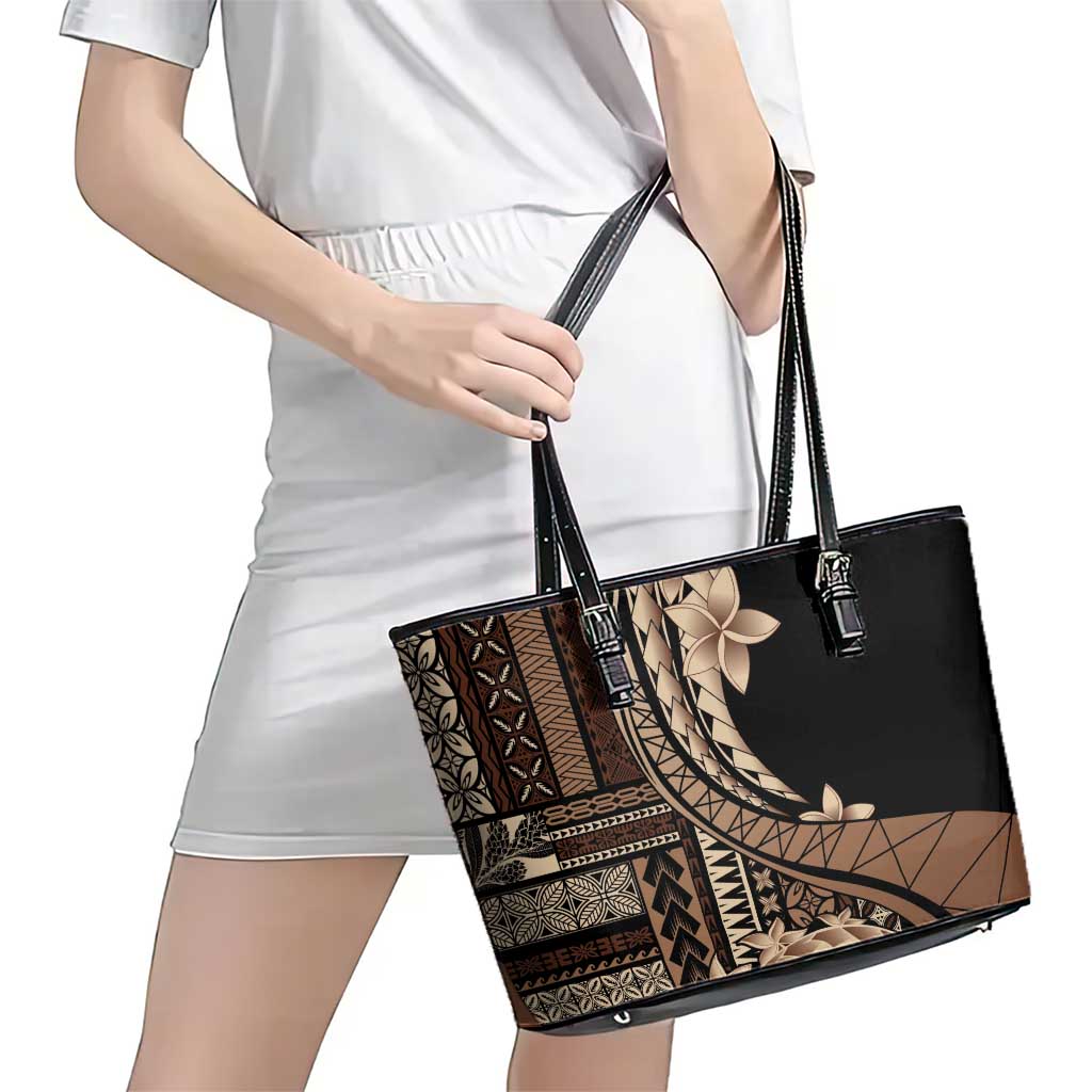 Samoa Siapo Mamanu Leather Tote Bag Plumeria Black Motifs LT7 - Polynesian Pride