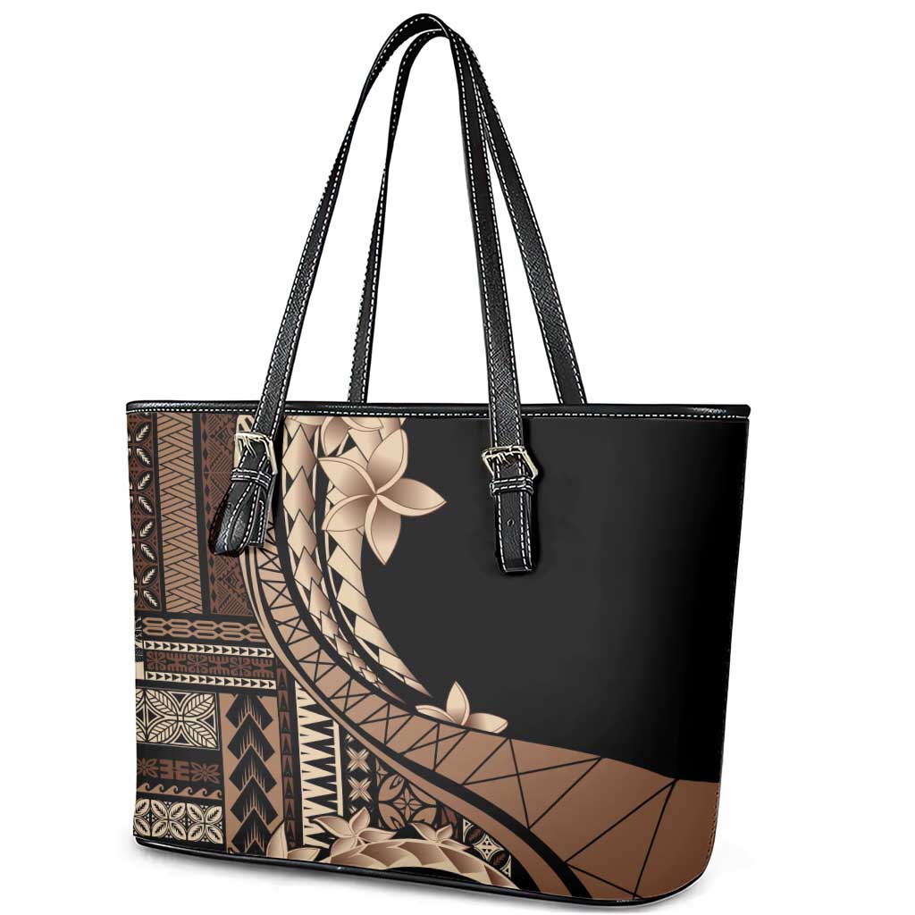 Samoa Siapo Mamanu Leather Tote Bag Plumeria Black Motifs LT7 - Polynesian Pride