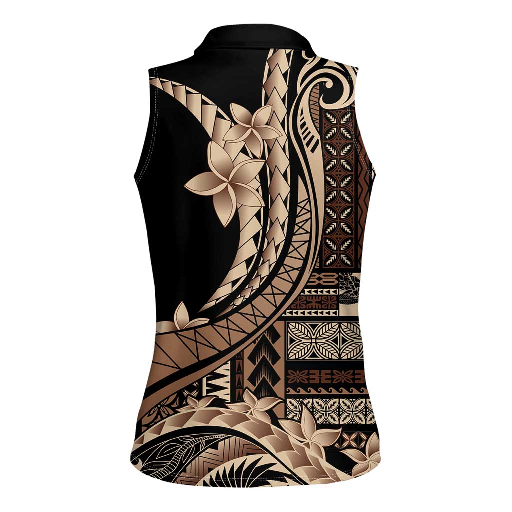 Samoa Siapo Mamanu Women Sleeveless Polo Shirt Plumeria Black Motifs