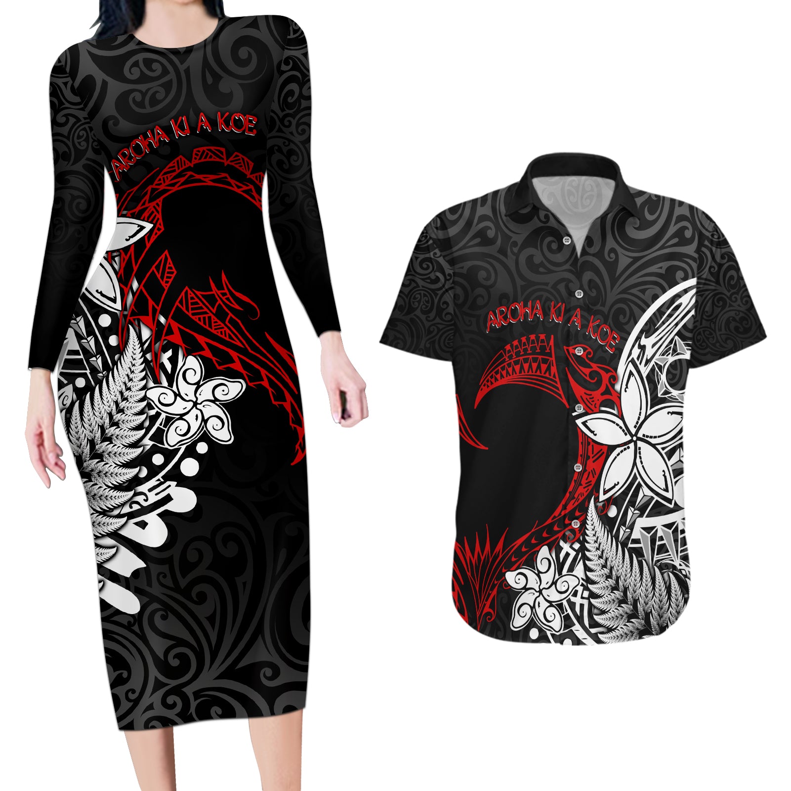 Valentine New Zealand Couples Matching Long Sleeve Bodycon Dress and Hawaiian Shirt Aotearoa Couple Maori Aroha Ki a Koe LT7 Black - Polynesian Pride