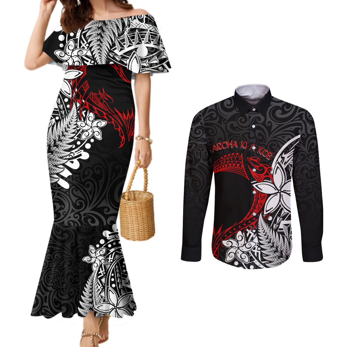 Valentine New Zealand Couples Matching Mermaid Dress and Long Sleeve Button Shirt Aotearoa Couple Maori Aroha Ki a Koe LT7 Black - Polynesian Pride