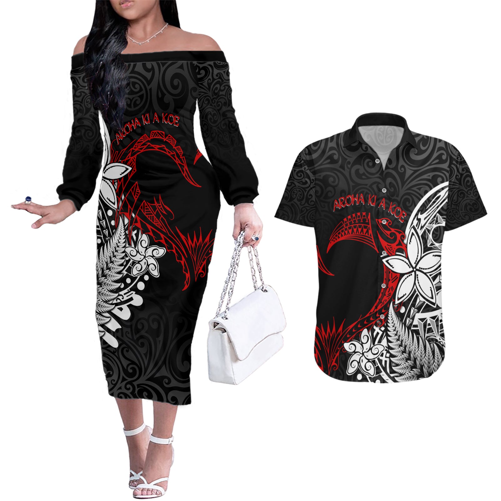 Valentine New Zealand Couples Matching Off The Shoulder Long Sleeve Dress and Hawaiian Shirt Aotearoa Couple Maori Aroha Ki a Koe LT7 Black - Polynesian Pride