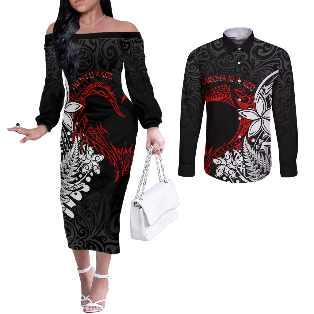 Valentine New Zealand Couples Matching Off The Shoulder Long Sleeve Dress and Long Sleeve Button Shirt Aotearoa Couple Maori Aroha Ki a Koe LT7 Black - Polynesian Pride