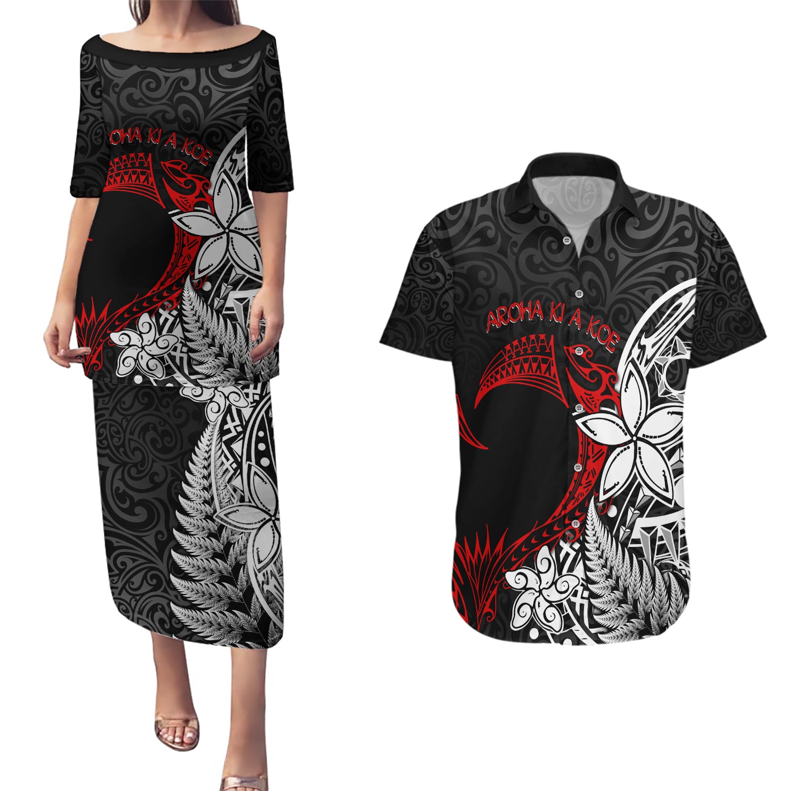 Valentine New Zealand Couples Matching Puletasi and Hawaiian Shirt Aotearoa Couple Maori Aroha Ki a Koe LT7 Black - Polynesian Pride