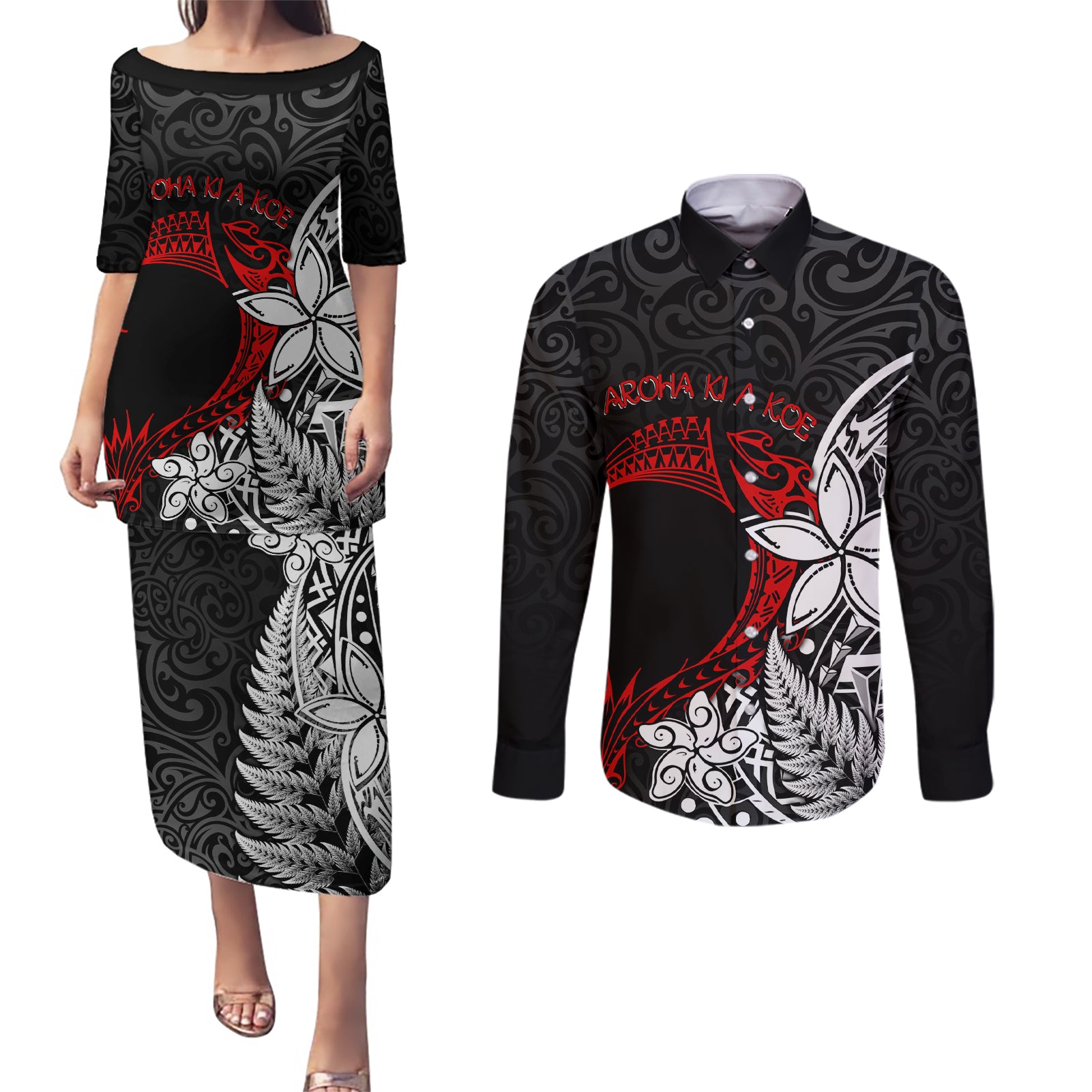 Valentine New Zealand Couples Matching Puletasi and Long Sleeve Button Shirt Aotearoa Couple Maori Aroha Ki a Koe LT7 Black - Polynesian Pride