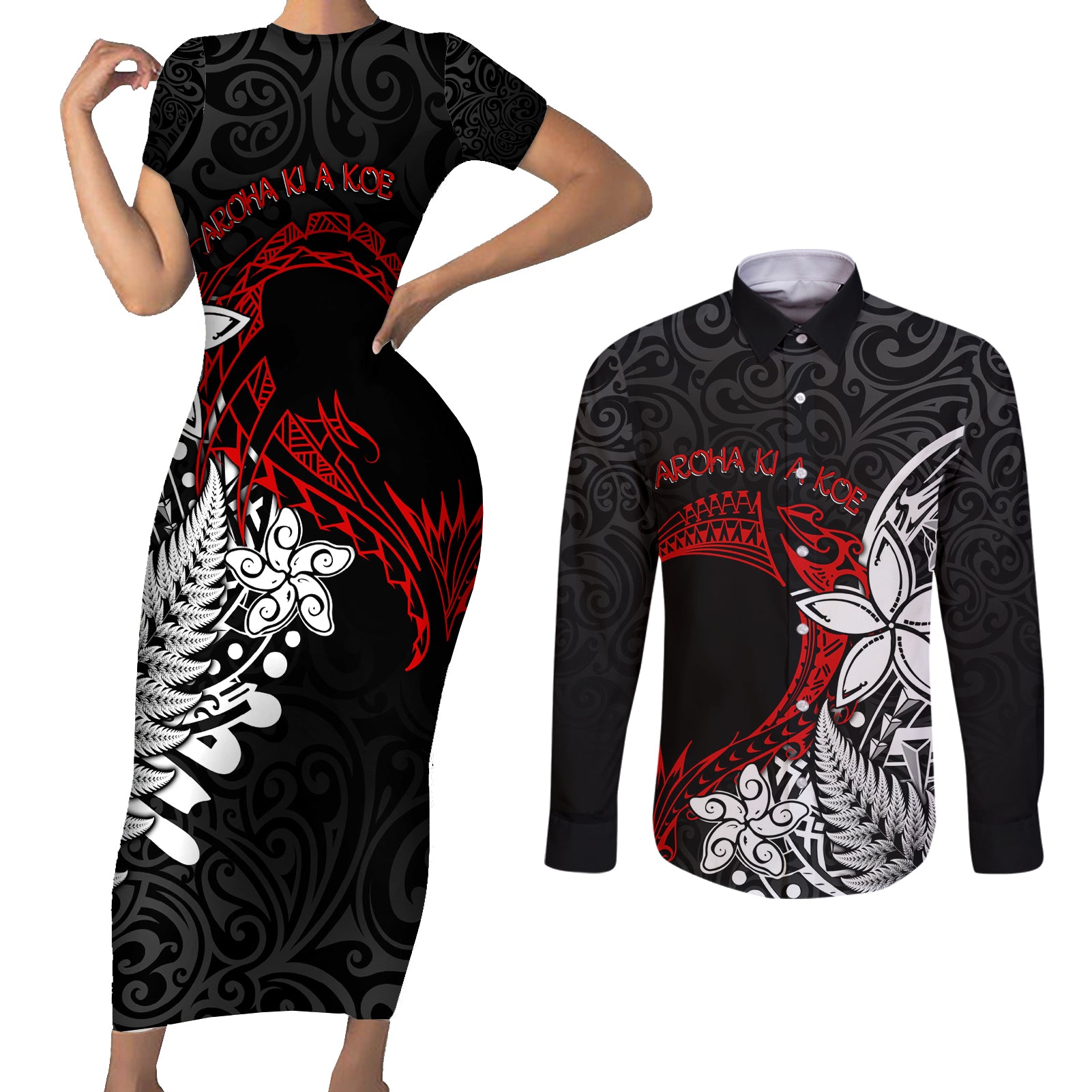 Valentine New Zealand Couples Matching Short Sleeve Bodycon Dress and Long Sleeve Button Shirt Aotearoa Couple Maori Aroha Ki a Koe LT7 Black - Polynesian Pride