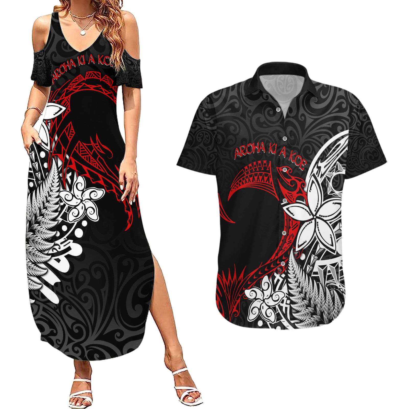 Valentine New Zealand Couples Matching Summer Maxi Dress and Hawaiian Shirt Aotearoa Couple Maori Aroha Ki a Koe LT7 Black - Polynesian Pride