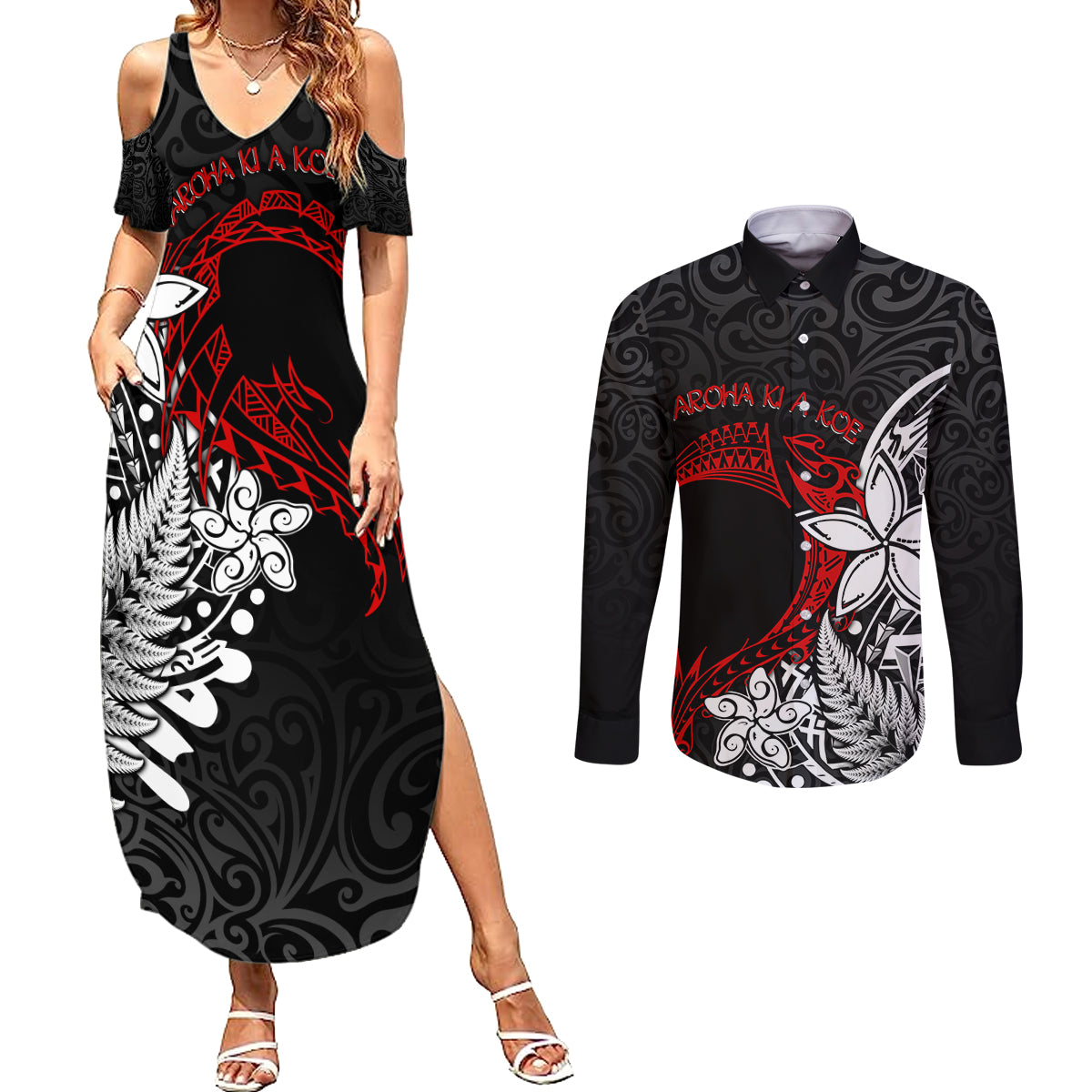 Valentine New Zealand Couples Matching Summer Maxi Dress and Long Sleeve Button Shirt Aotearoa Couple Maori Aroha Ki a Koe LT7 Black - Polynesian Pride