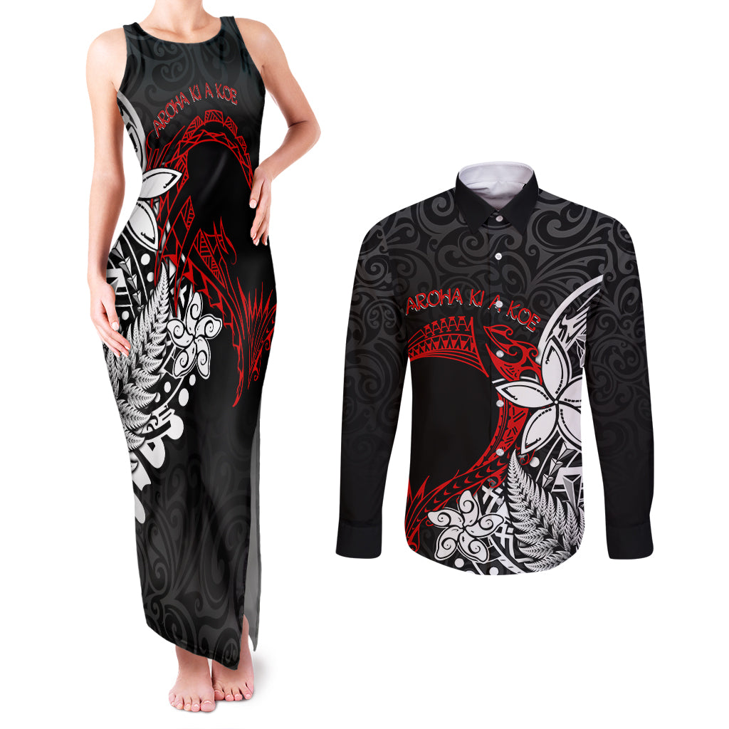 Valentine New Zealand Couples Matching Tank Maxi Dress and Long Sleeve Button Shirt Aotearoa Couple Maori Aroha Ki a Koe LT7 Black - Polynesian Pride