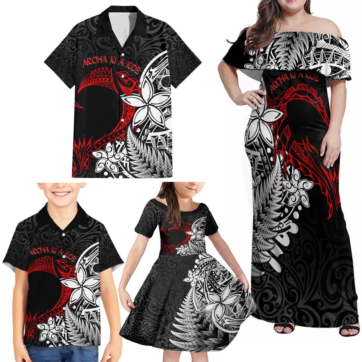 Valentine New Zealand Family Matching Off Shoulder Maxi Dress and Hawaiian Shirt Aotearoa Couple Maori Aroha Ki a Koe LT7 - Polynesian Pride