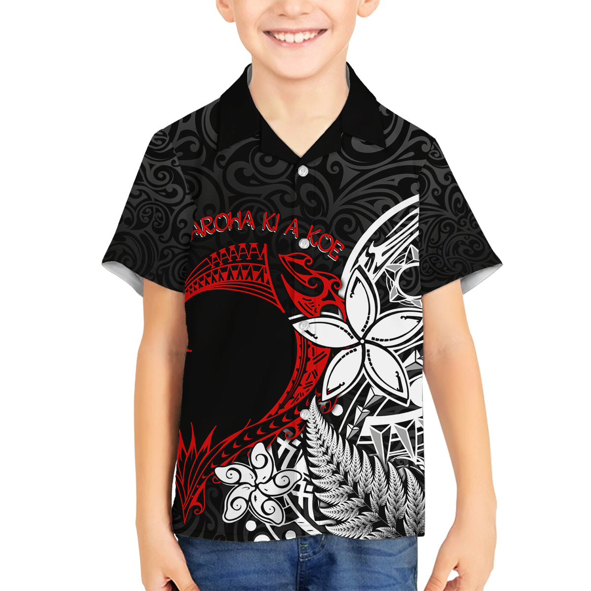 Valentine New Zealand Family Matching Off Shoulder Maxi Dress and Hawaiian Shirt Aotearoa Couple Maori Aroha Ki a Koe LT7 Son's Shirt Black - Polynesian Pride