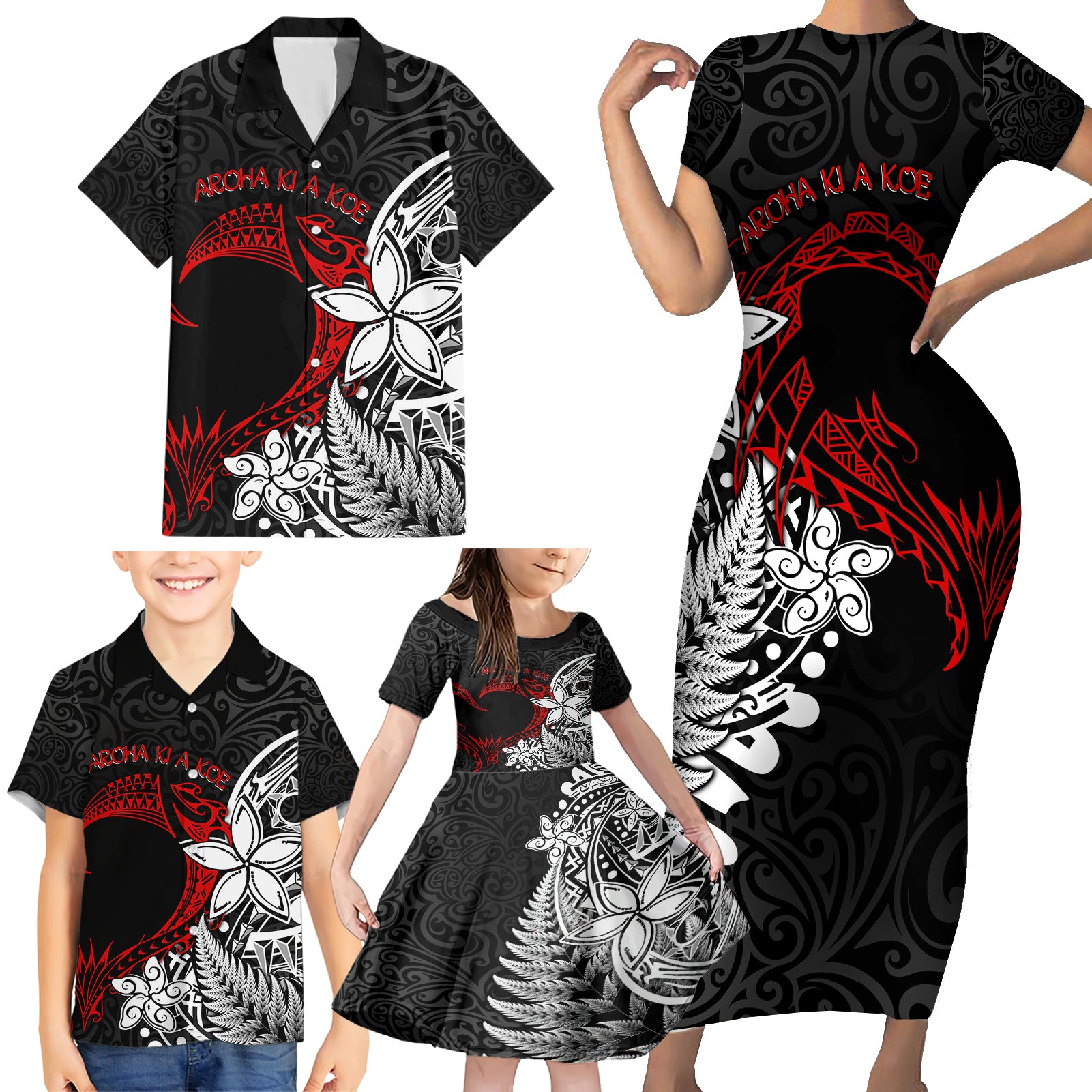 Valentine New Zealand Family Matching Short Sleeve Bodycon Dress and Hawaiian Shirt Aotearoa Couple Maori Aroha Ki a Koe LT7 - Polynesian Pride