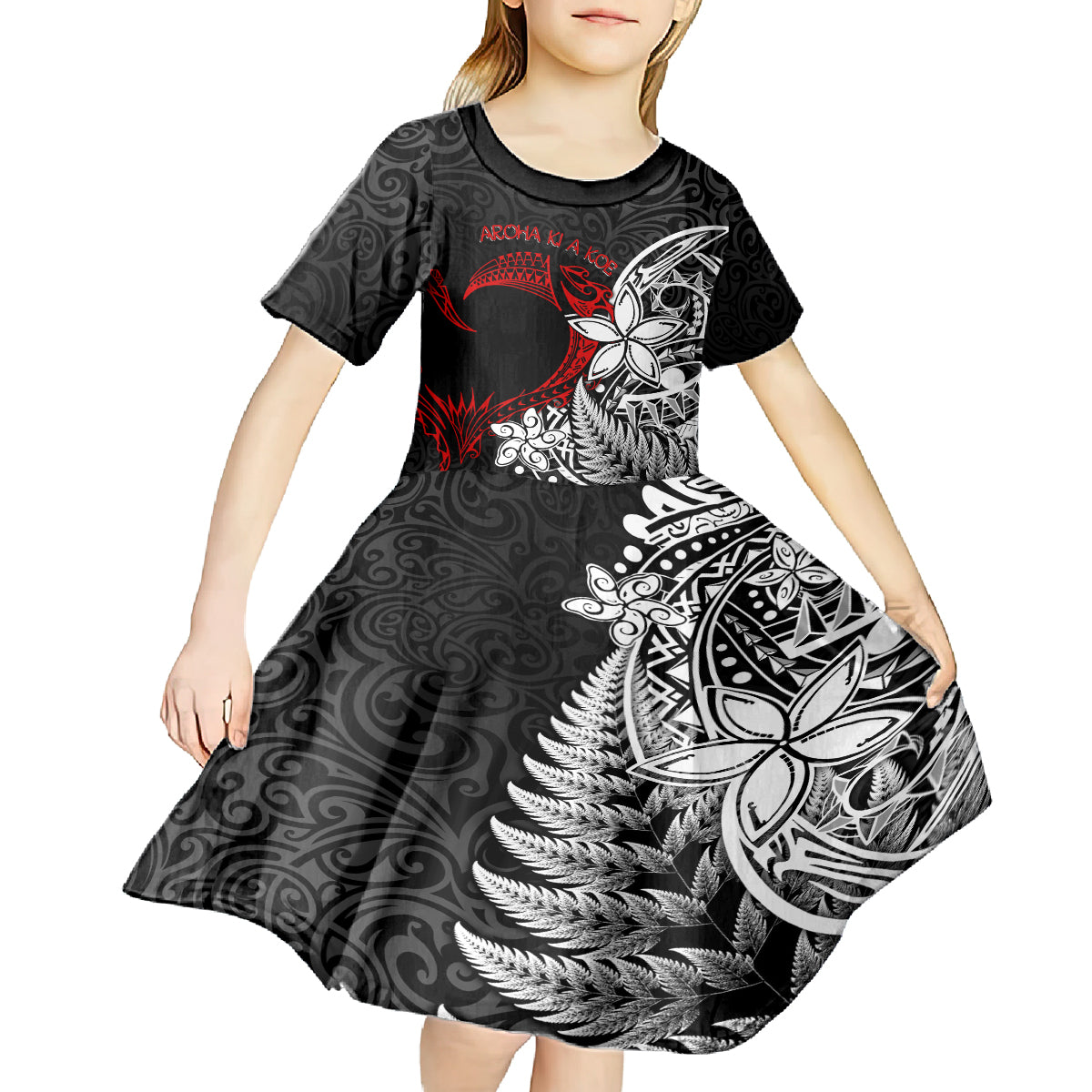 Valentine New Zealand Kid Short Sleeve Dress Aotearoa Couple Maori Aroha Ki a Koe LT7 - Polynesian Pride