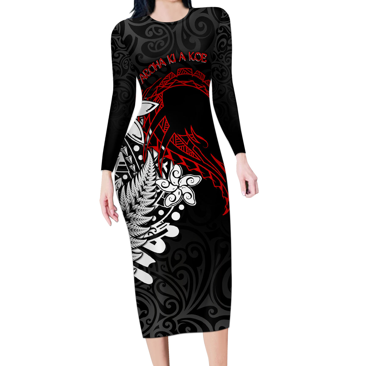 Valentine New Zealand Long Sleeve Bodycon Dress Aotearoa Couple Maori Aroha Ki a Koe LT7 Long Dress Black - Polynesian Pride