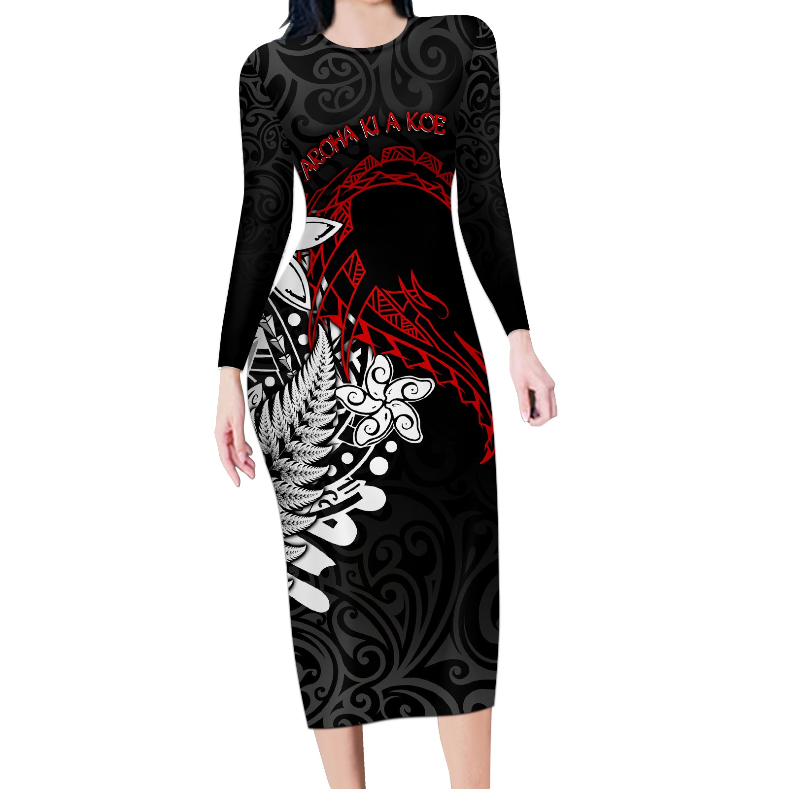 Valentine New Zealand Long Sleeve Bodycon Dress Aotearoa Couple Maori Aroha Ki a Koe LT7 Long Dress Black - Polynesian Pride