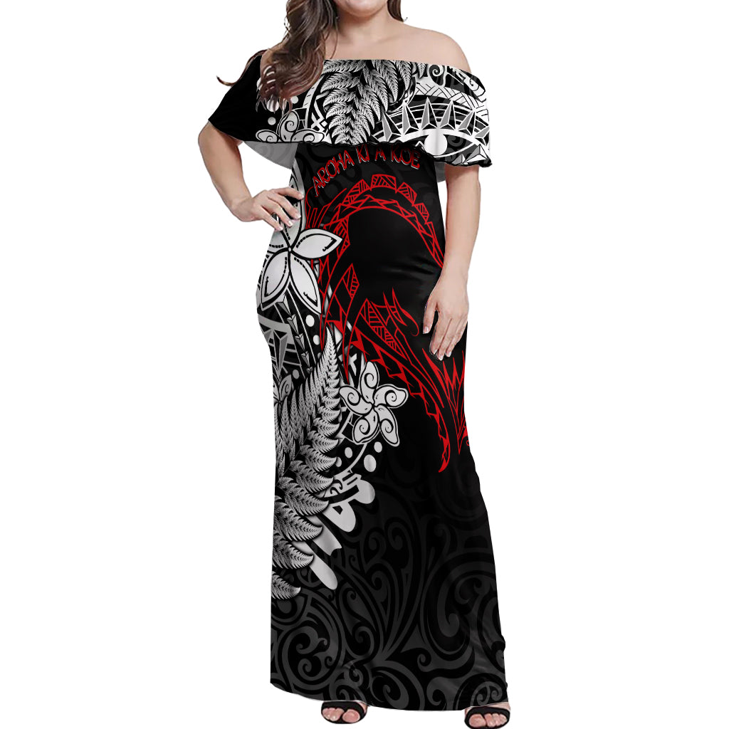 Valentine New Zealand Off Shoulder Maxi Dress Aotearoa Couple Maori Aroha Ki a Koe LT7 Women Black - Polynesian Pride