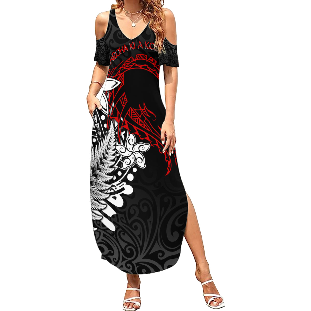 Valentine New Zealand Summer Maxi Dress Aotearoa Couple Maori Aroha Ki a Koe LT7 Women Black - Polynesian Pride