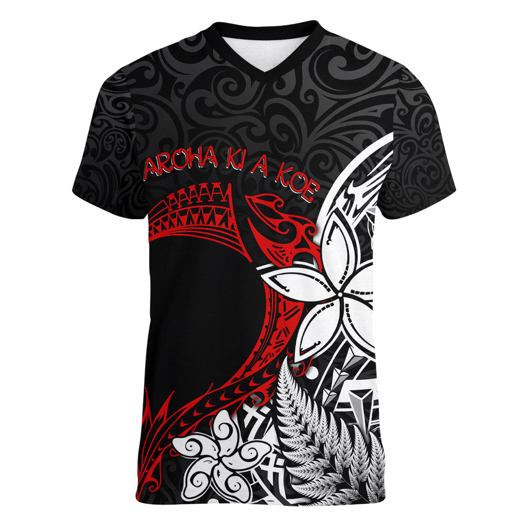 Valentine New Zealand Women V Neck T Shirt Aotearoa Couple Maori Aroha Ki a Koe LT7 Female Black - Polynesian Pride