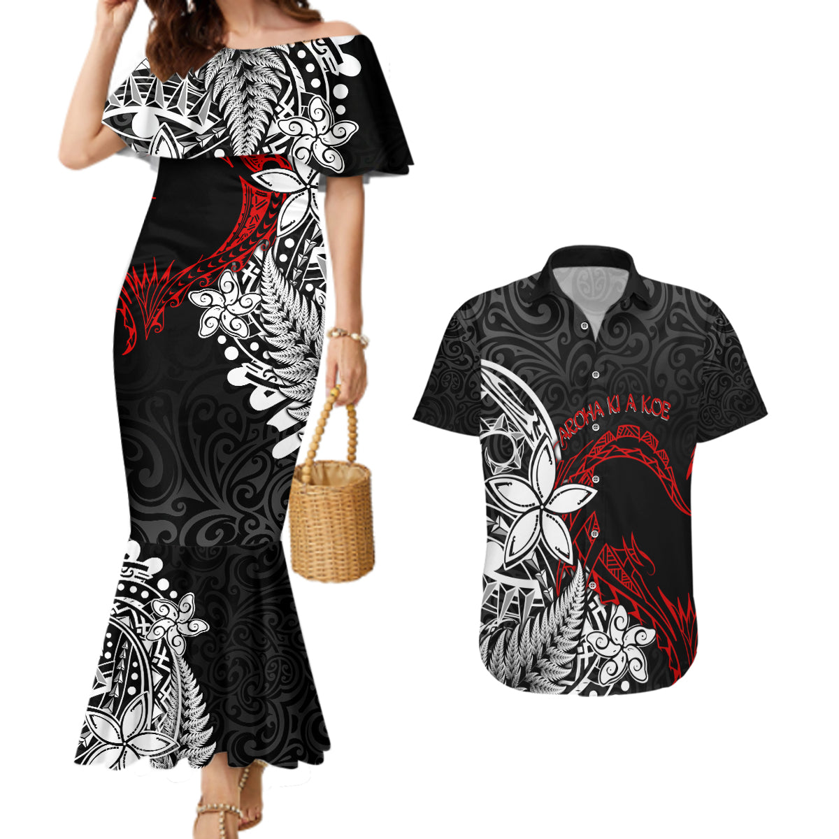 New Zealand Aotearoa Valentine Couples Matching Mermaid Dress and Hawaiian Shirt Couple Maori Aroha Ki a Koe Ver.02 LT7 Black - Polynesian Pride