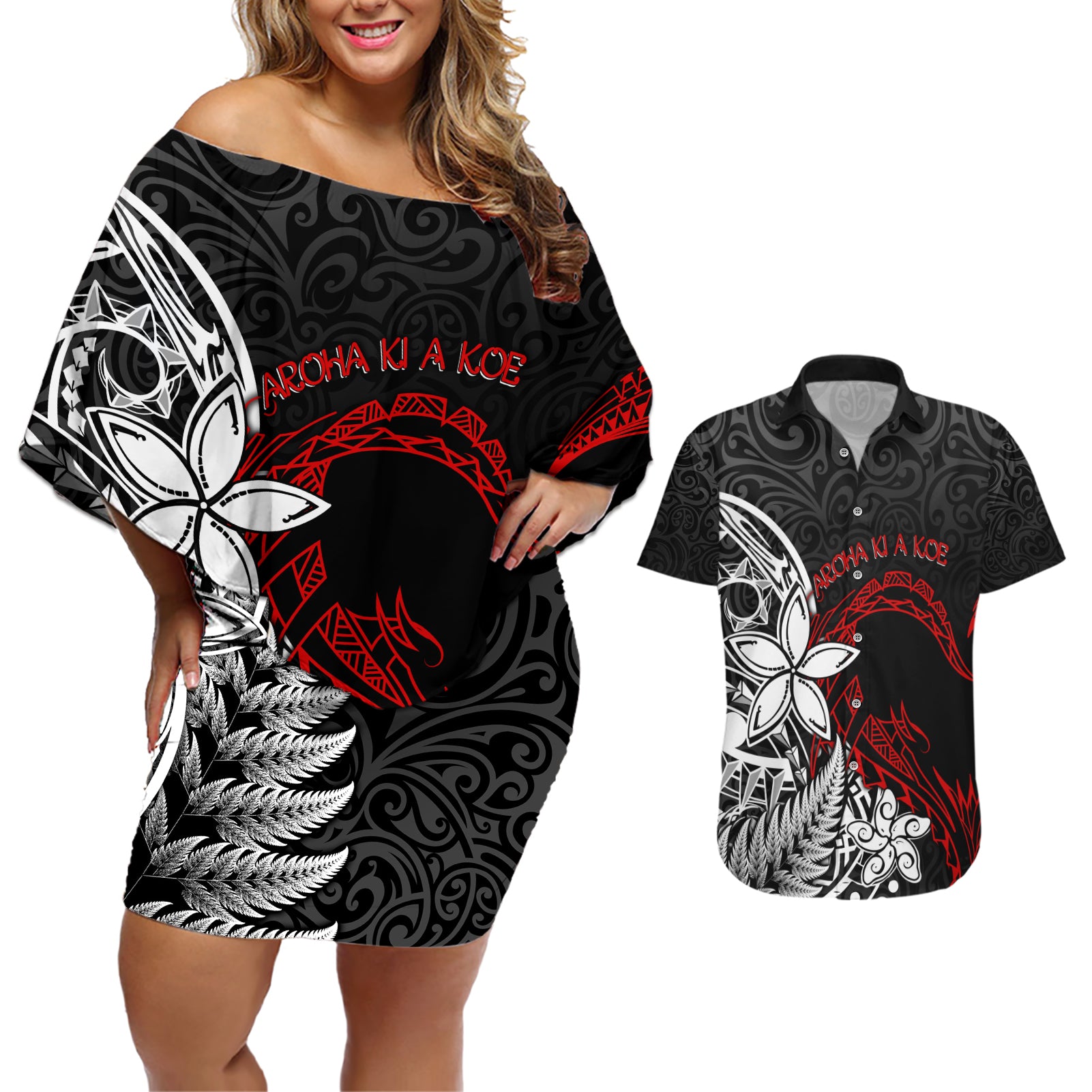 New Zealand Aotearoa Valentine Couples Matching Off Shoulder Short Dress and Hawaiian Shirt Couple Maori Aroha Ki a Koe Ver.02 LT7 Black - Polynesian Pride